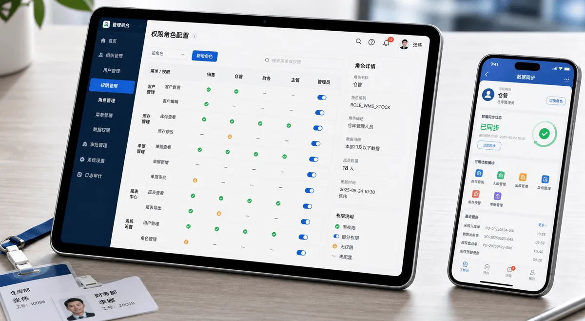 角色权限与数据同步企业 App 真实界面图